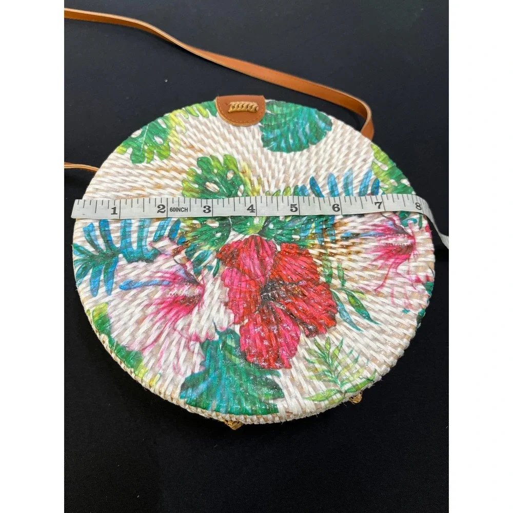 Tropical Floral Round Woven Rattan Crossbody Bag Hibiscus Monstera Straw Purse